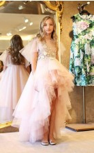 rosa hoch niedrig kleine Mädchen Festzug Kleider 3d appliziert eine Linie abgestufte Blumenmädchen Kleid Tüll Perlen Erstkommunion Kleid GACH065