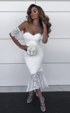 Elegantes Weißes Brautjungfernkleid Aus Spitze Schulterfrei Hochzeitsfestkleid BED0022