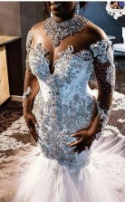 Luxus Kristall Perlen Lange Ärmel Meerjungfrau Afrikanischen Libanon Plus Größe Brautkleider GBWD035