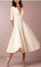 V-ausschnitt Tee Länge Satin Halbe Ärmel Lässig Vintage Kleines Weißes Kleid 1950er Jahre Hochzeitskleid GBWD229