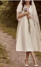 Einfache Sommer V-ausschnitt Tee Länge Kirche Kleines Weißes Kleid 1950er Jahre Mit Schärpen GBWD256