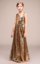 Lange V-ausschnitt Gold Squined Kinder Festzug Kleider Chk172