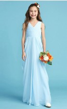 V-Ausschnitt-Himmelblaues Chiffonkleid für Junior-Brautjungfern, Blumenmädchenkleid GJFGD008