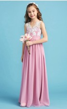 Rosa Spitzen-V-Ausschnitt-Chiffonkleid für Kinder-Brautjungfern, Blumenmädchenkleid GJFGD011