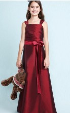 Burgunderrotes Satin-Kleid für Junior-Brautjungfern, Blumenmädchenkleid mit Schleifen GJFGD020