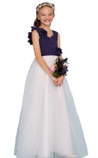 Lila-weißes Kleid für Junior-Brautjungfern, Blumenmädchenkleid mit handgemachten Blumen GJFGD021
