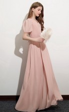 Rosa kurzärmeliges Chiffon-Kleid für formelle Anlässe für Kinder, Junior-Brautjungfernkleid GJFGD034