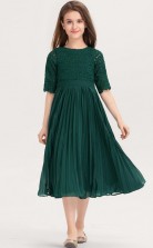 Dunkelgrünes Spitzen-Chiffonkleid mit Tee-Länge für Kinder-Brautjungfern, Blumenmädchenkleid GJFGD075