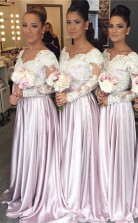 Weiß-spitze Langarm Rosa V-ausschnitt Beliebtes Elegantes Brautjungfernkleid JJ01482