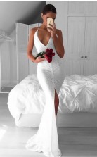 Weiße Spitze Trompete / Meerjungfrau V-ausschnitt Sweep Zug Sex Prom Kleid (GJT3835)