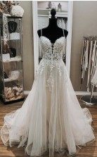 V -hals Weißer Spitzen Hochzeitskleid REALS078