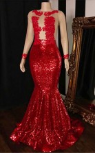 Rot Sleevess Pailletten Meerjungfrau Sheer Evening Kleid REALS139
