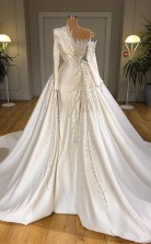 Elfenbein Luxusdesigner Perlen Abschlussball Kleid Langärmele REALS167