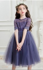 Prinzessin Juwel Kurzarm lila Spitze Tüll Tee Länge Kinder Abendkleid (GACH016)