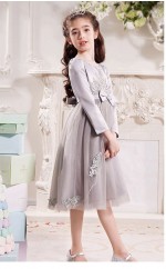 Prinzessin Juwel Halbarm grau Satin Chiffon Tüll Tee Länge Kinder Ballkleid (GACH018)