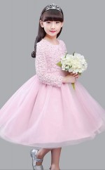 A-Linie Juwel Langarm Süßigkeiten rosa Organza Spitze Tee Länge Kinder Abendkleid (GACH027)