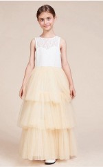 A-Linie Juwel ärmelloses Champagner Spitze Tüll knöchellanges Kinder Ballkleid (GACH058)