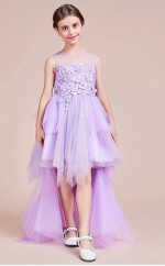 Prinzessin Illusion ärmellose lila Tüll Spitze asymmetrische Kinder Ballkleid (GACH063)