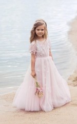 erröten rosa kleines Blumenmädchenkleid mit Perlenapplikation Kinderpartykleid mit Kurzarmgeburtstagskommunionskleid GACH074