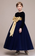 Schwarzes Satin Flanell Kinder Mädchen Langarm Geburtstagsfeier Kleid Mit Champagner Schleife GBCH024