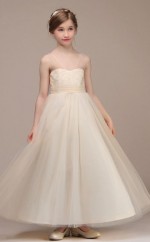 Schöne Champagner Tüll Spitze Kinder Mädchen Geburtstagsfeier Kleid GBCH025