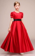 Rubin Satin Kinder Mädchen Kurze Ärmel Geburtstagsfeier Kleid Mit Schwarzen Schärpen GBCH029