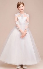 Weiße Spitze Tüll Kinder Mädchen Langarm Geburtstagsfeier Festzug Kleid GBCH039