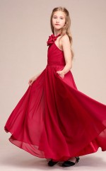 Erschwingliches Burgunder Halter Junior Junior Brautjungfernkleid Bodenlanges Festzugskleid Mit Handgemachten Blumen GBCH058