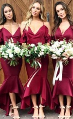 Sexy High-low Meerjungfrau Brautjungfernkleider Einfache Spaghetti-träger Rüschen Hochzeitskleider BED02022