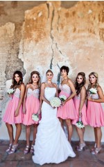 Chiffon Kurze Schatz Brautjungfernkleider Knielange Perlen Sommer Trauzeugin Kleider BEO45252