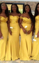 Neue Gelbe Meerjungfrau Brautjungfernkleider Pailletten Schulterfrei Trauzeugin Kleid BEQ42052