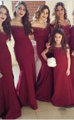 Neuankömmling Einfache Meerjungfrau Schulterfreies Brautjungfernkleid Mit Seitlichem Schlitz BEQ77232