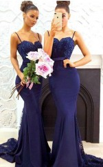 Elegante Dunkelblaue Brautjungfernkleider Spaghettiträger Spitze Ballkleider BEQ78782