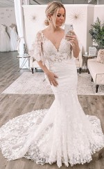 Meerjungfrau V-ausschnitt Lange Zug Halbe Ärmel Brautkleid GBWD010