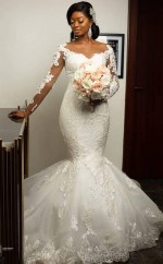 Elfenbein Braut Spitze Langarm Meerjungfrau Transparenten Hals Brautkleid Größe 6-18 Schwarze Bräute GBWD020