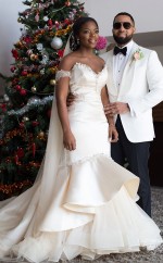 Luxus Meerjungfrau Plus Größe Von Der Schulter Beige Brautkleid Schwarze Bräute GBWD041