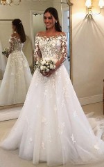 Fließendes A-linien-brautkleid Mit Langen Ärmeln Und Floraler Stickspitze GBWD044