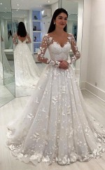 V-ausschnitt A-linie Langarm Brautkleid V-rücken Details GBWD052