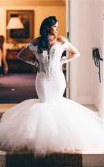 Elfenbein Plus Größe Spitze Tauchen Schulterfreie Trompete Langarm Brautkleid GBWD057