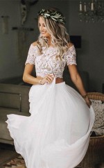 Einfache Kurzarm Strand Fließend Kurzarm Spitze Crop Top 2 Stück Brautkleid GBWD105