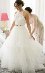 Elfenbein Halfter Spitze Crop Top Zweiteiligen Brautkleid GBWD106