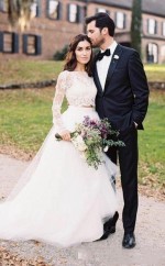 Zweiteilige Langarm Spitze Crop Top Braut Trennt Hochzeitskleid Dorf Hochzeiten GBWD138