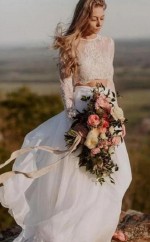 Sommer Lässig Zweiteilige Langärmelige Spitze Top Brautkleid GBWD142