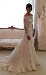 Schulterfreies Langärmliges Sweep Train Lace Brautkleid GBWD149