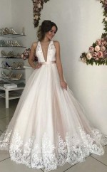 Ballkleid Tauchen Tief V-ausschnitt Tüll Rosa Hochzeitskleid Spitze Overlay GBWD172