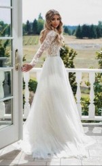 Flowy Eine Linie Langärmelige Romantische Spitze Brautkleid Im Freien Hochzeiten GBWD180