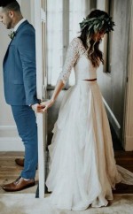 Rustikale Boho-spitze Mit 3/4 Ärmeln Lässig Zweiteiligen Frühling Sommer Brautkleider GBWD183