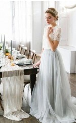 Fließende Rustikale Spitze Kurzärmelige Ernte Top Herbst Sommer Hochzeitskleid Brautjungfer GBWD185