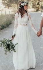 Spitze Fließende Braut Trennt Langärmlige Zweiteilige Outdoor-brautkleid GBWD188