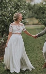 Rustikale Kurzarmspitze Von Der Schulter 2 Stück Brautkleid GBWD190